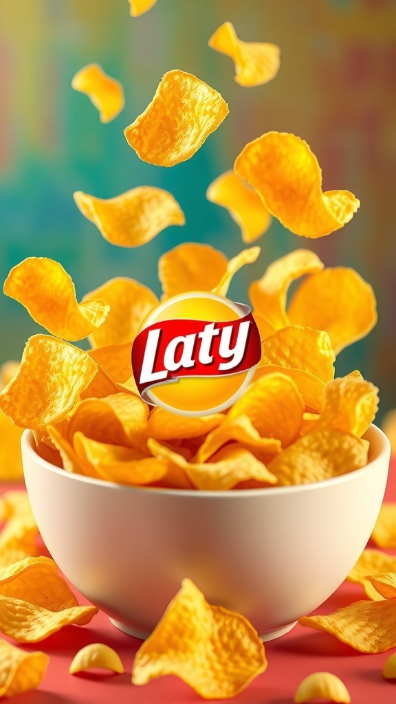 3D advertisement for potato chips with a bowl of chips and vibrant colors.